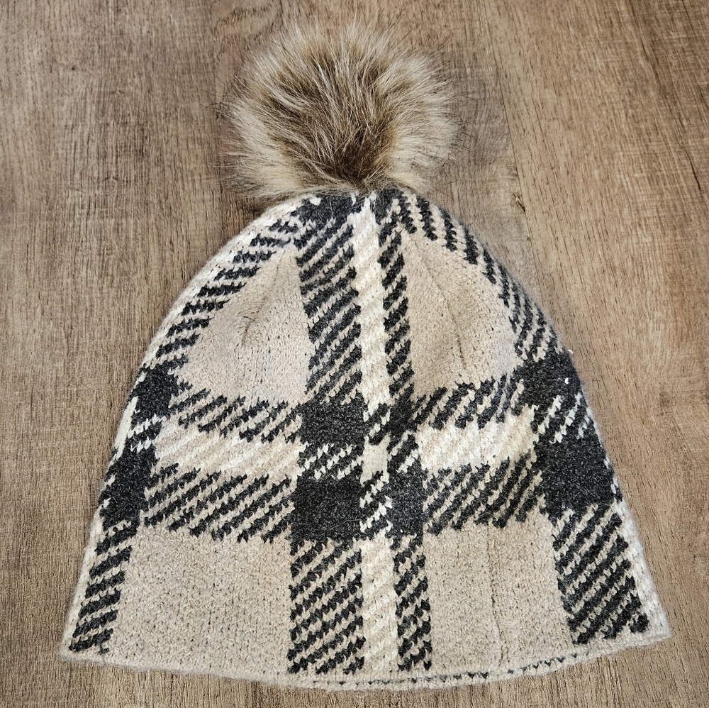 Christian Siriano plaid knit hats faux fur Pom Pom tan grey